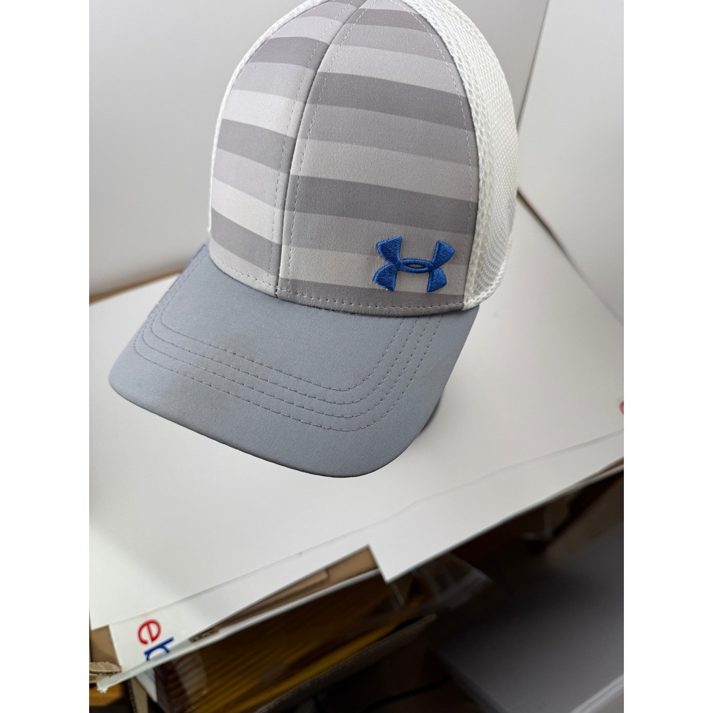 Under Armour Golf Trucker Hat Grey Striped Mesh Back Blue Logo Baseball Cap